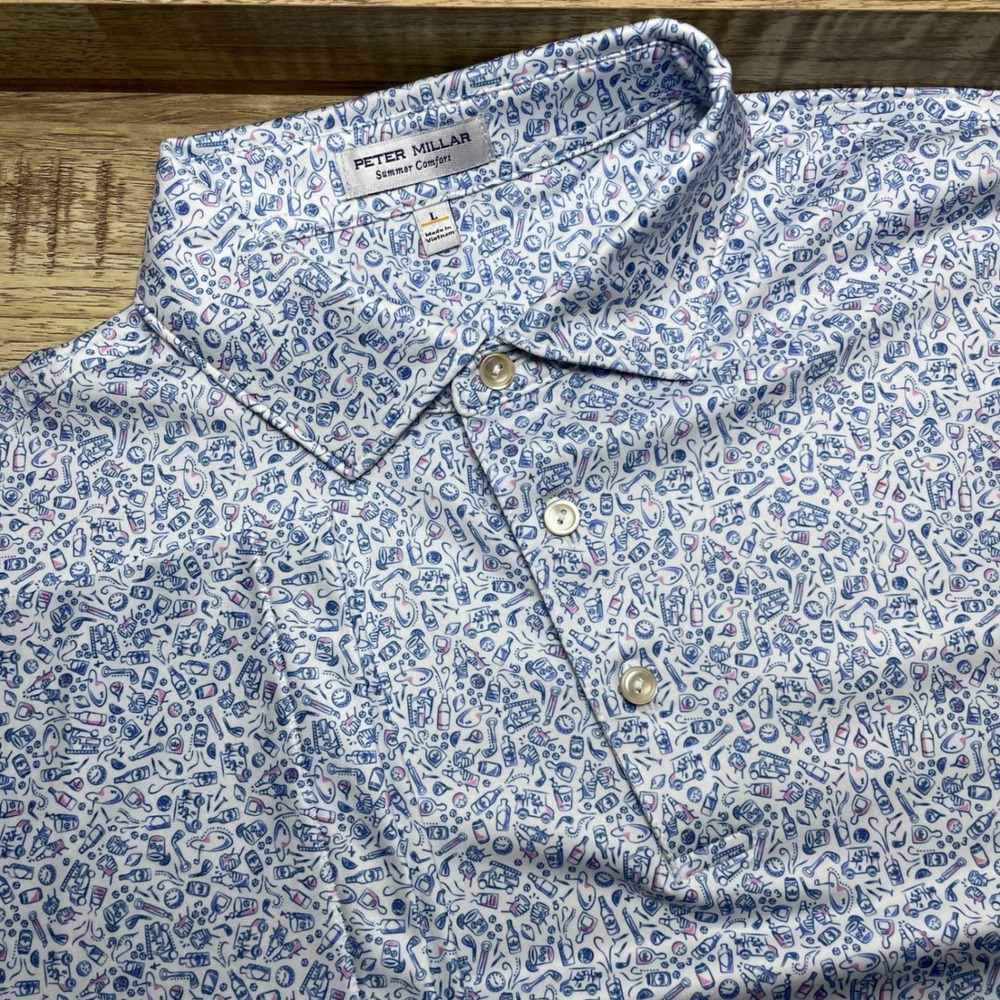 Peter Millar Bar For The Course Performance Jersey Polo Men's L Cocktails Print